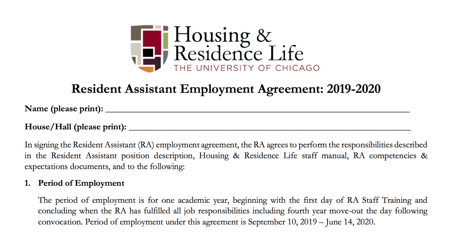The University of Chicago's Resident Assistant Employment Agreement, 2019-2020.