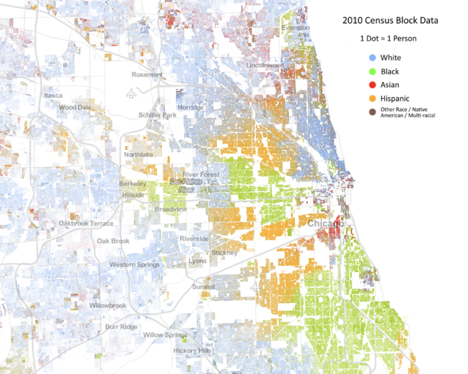 A visualization of Chicago's racial segregation based on 2010 census data.