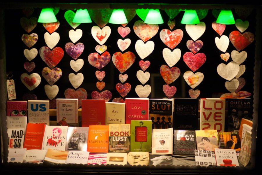57th Street Books Valentine-themed window display, all dessed up and no place to go.