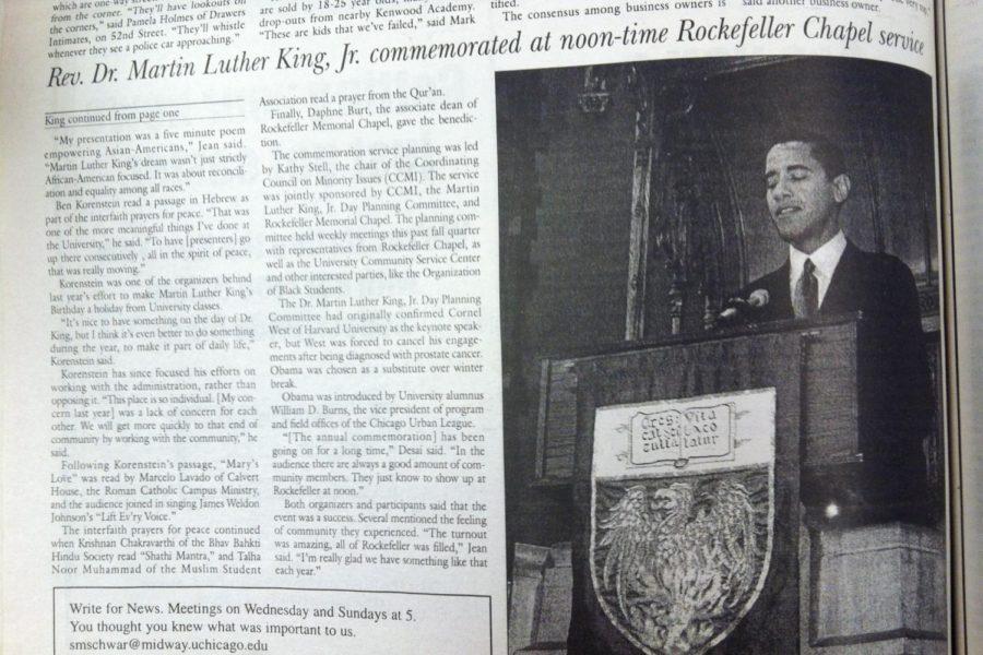Barack Obama, then an Illinois state senator and senior lecturer at the Law School gives the 2002 keynote address at the Universitys Martin Luther King, Jr. celebration. Obama photo courtesy of Joon Park/Chicago Maroon Archives.