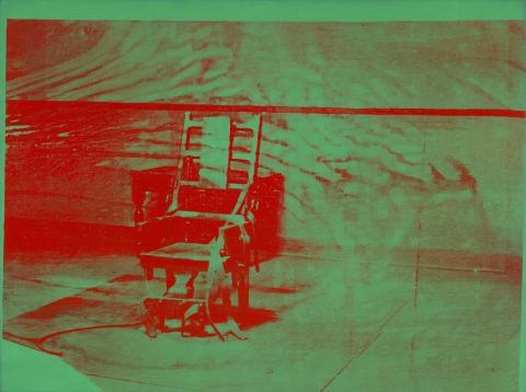 A panel from Warhol’s series Big Electric Chair, which features a photograph of an empty execution chamber at a New York penitentiary.