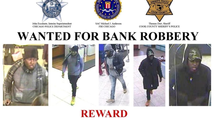 An FBI poster offering a reward for information leading to the arrest of the individual above, wanted for five bank robberies.