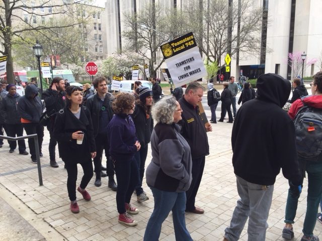 Teamsters Local 743 rallied outside Levi Hall on Wednesday. 