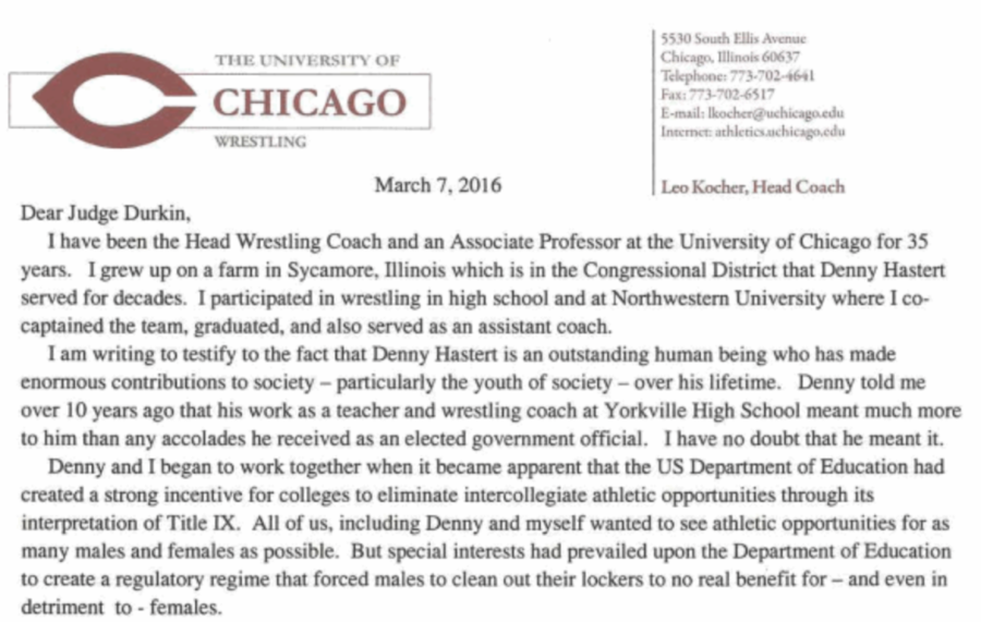 Leo Kocher wrote a letter on UChicago letterhead to the federal judge presiding over Hasterts case. 
