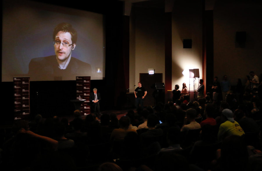 Whistleblower Edward Snowden discusses surveillance, privacy and American democracy over a video call in Max Palevsky Cinema on May 12. 