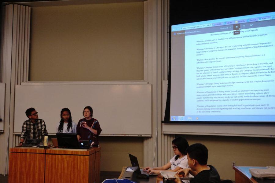 The Student Government Assembly discusses a proposal that the University self-operate for dining on May 9.