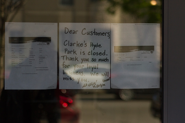 A sign on Clarkes door notified customers of the restaurants closure. 