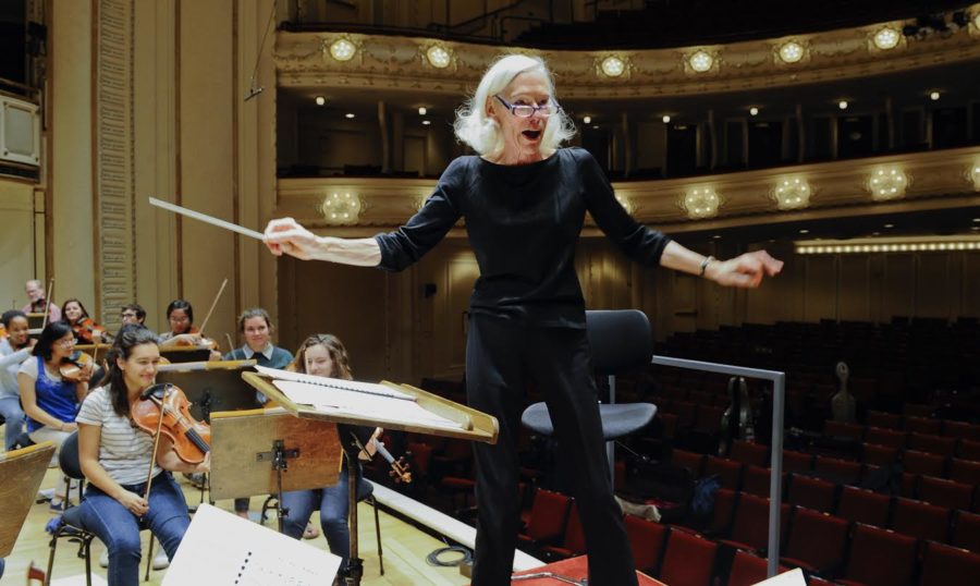 Barbara+Schubert+leads+the+University+Symphony+Orchestra+in+October+for+a+special+rehearsal+in++Orchestra+Hall.