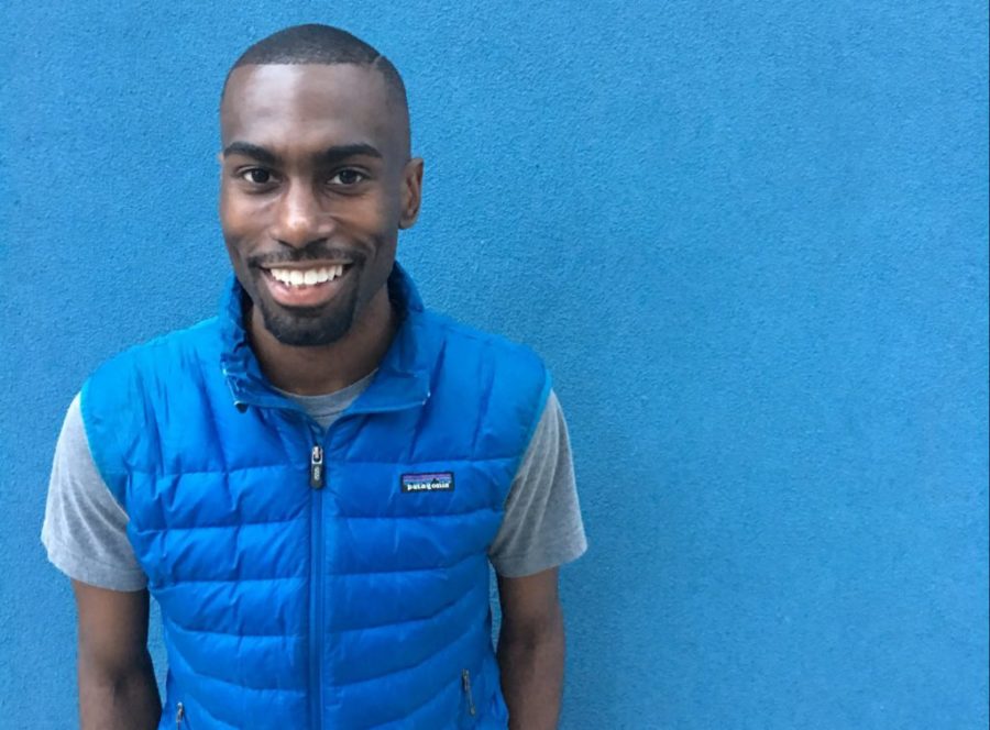 Black Lives Matter Activist DeRay McKesson wearing a blue Patagonia down vest, which has become his signature outfit.