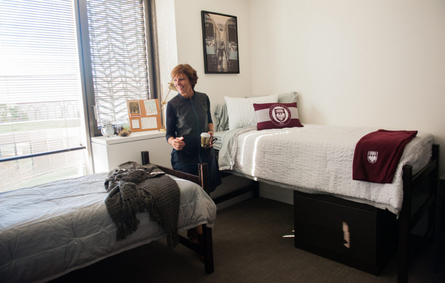 Jeanne Gang, the architect behind the campuss new dorm, sits in a Campus North bedroom.