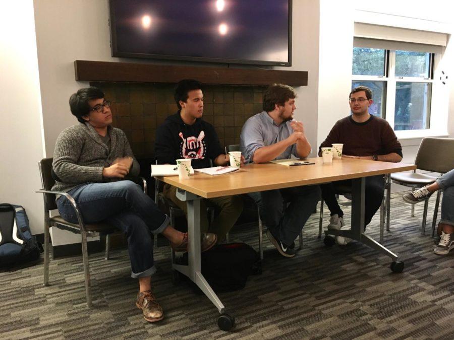 From left to right: Second-year Anil Sindhwani, second-year Patrick Lou, and third-year Mike Dewar participate in a debate moderated by fourth-year David Abraham on trigger warnings and safe spaces sparked by a letter sent out to the Class of 2020.
