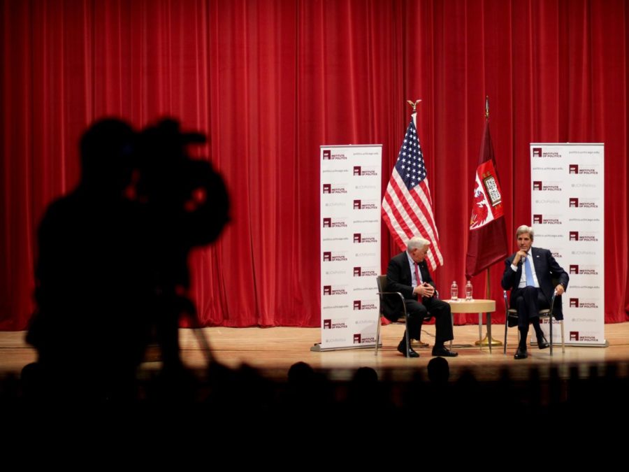 On October 26, United States Secretary of State John Kerry speaks with writer and journalist Walter Isaacson at the IOP about American foreign relations and internal concerns.