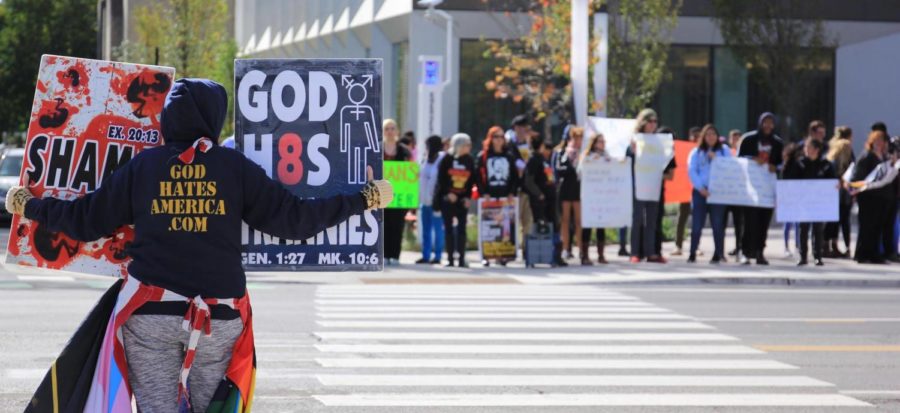 The Westboro Church picketers and the counterprotesters stood on opposite sides of 55th Street.