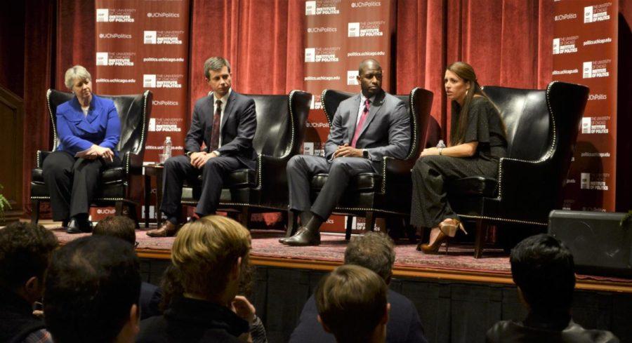 On Oct. 20 former mayor of Houston Annise Parker (left) and the young mayors Pete Buttigieg, Andrew Gillum, and Blair Milo (left to right) discuss methods to solve challenging problems in their respective cities.