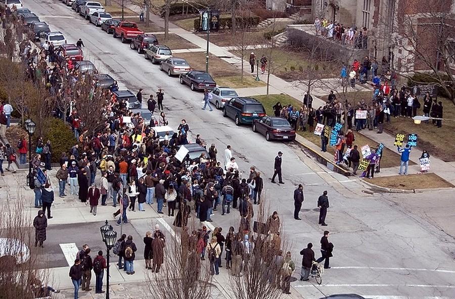 More than 100 students counter-protested six Westboro Church members in 2009.