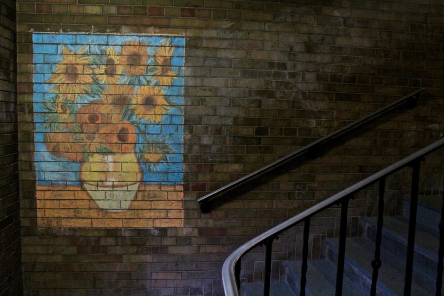 A recreation of Monet’s “Bouquet of Sunflowers” on the walls of Linn-Matthews by Amber Estes and Rachel Hildebrand.