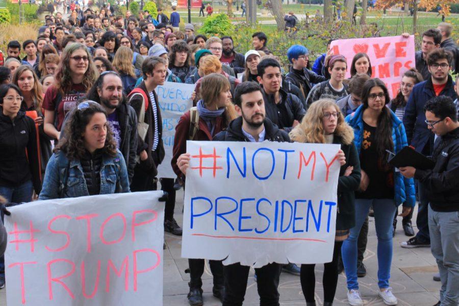 Hundreds demonstrated against Donald Trump outside an admin building last month.