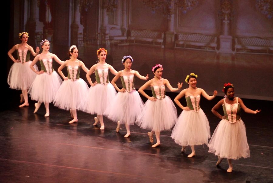 Ballerinas form a diagonal in UBallets production of Swan Lake.