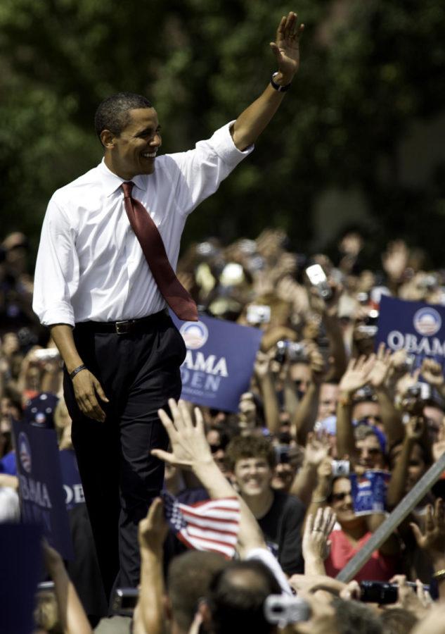 Sen. Barack Obama speaks in front of the steps of the old state capitol in Springfield, IL with his newly named vice presidential running mate Sen. Joe Biden on August 23, 2008. The rally was their first joint public appearance.