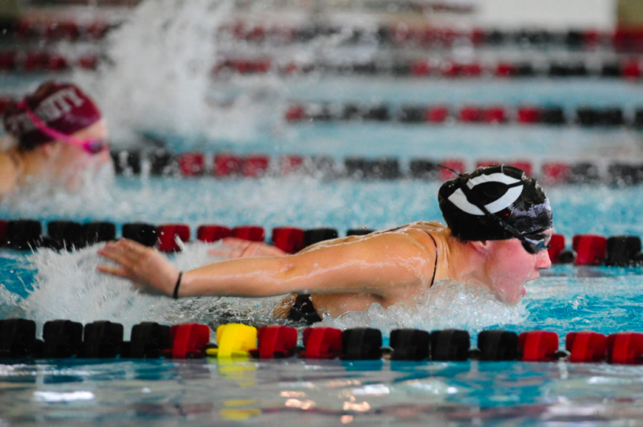 A female swimmer glides through the water.