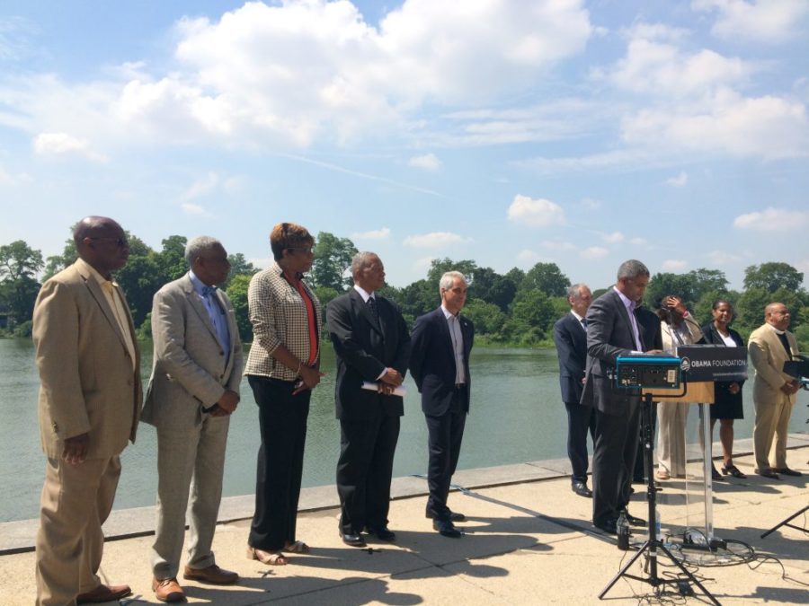 Obama Foundation Chair Martin Nesbitt discussed plans for the center at a press conference on August 4, 2016 in front of the Jackson Park Lagoon.