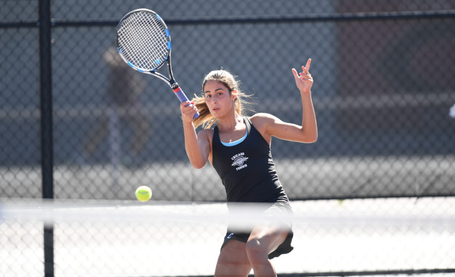 Ariana Iranpour plays a ball in her match against Tufts.