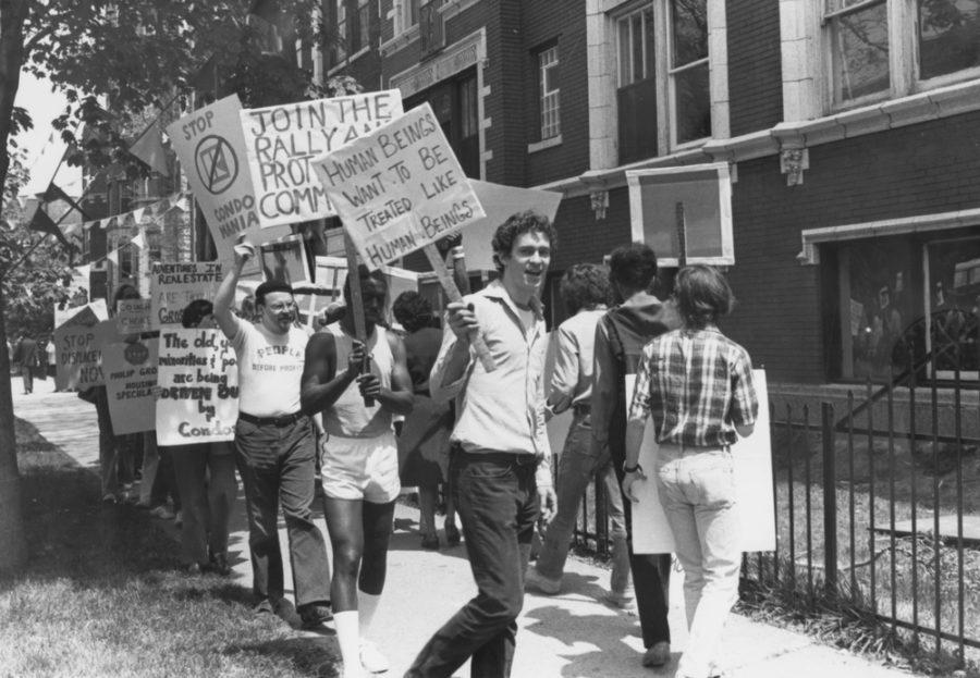 There is a long history of activism and protest on campus. Pictured here, the Hyde Park Tenants Union demonstrates in front of a local property to protest the increasing number of apartments being converted into condominiums.