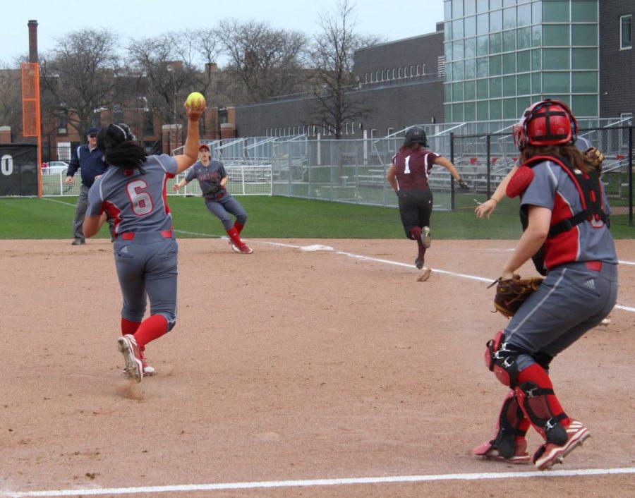 Serena Moss makes her way to first during the teams April 9 win against Wash U.