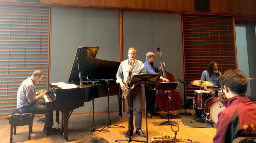 From left to right: pianist Ben Waltzer, saxophonist Geof Bradfield, bassist Clark Sommers, and drummer Dana Hall performed at Logan Center last Sunday afternoon.