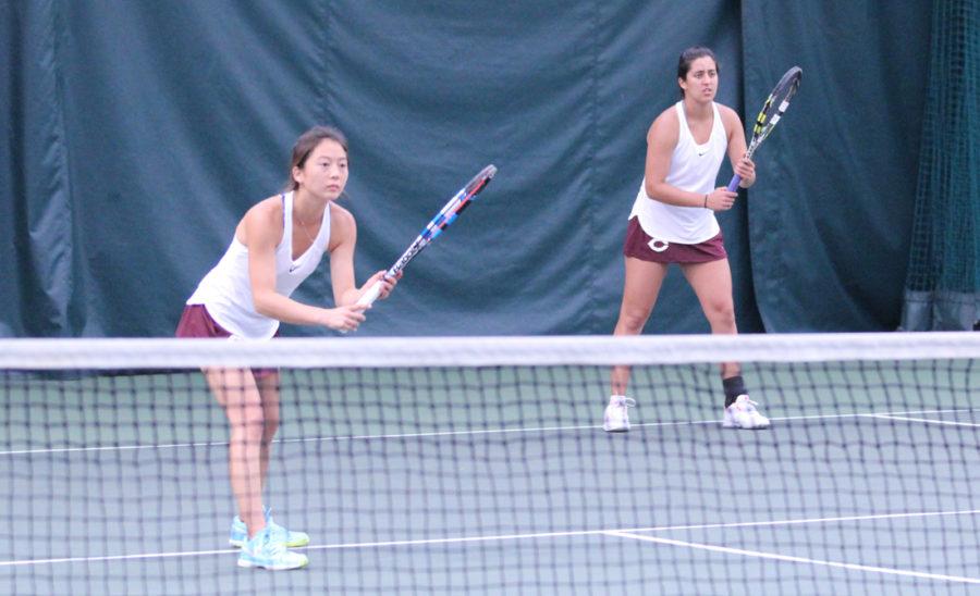 Second-year+Rachel+Kim+and+first-year+Marjorie+Antohi+compete+in+their+doubles+match.