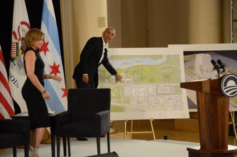 President Obama points to plans for the Center, scheduled to finish construction in Jackson Park within four years.
