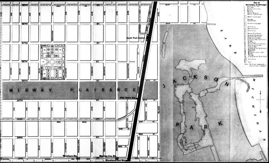 A map of Hyde Park and Woodlawn, as it appeared in 1893, from The University of Chicago Register.