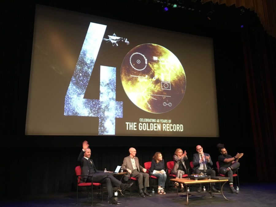 A panel at Cal Tech commemorates the Golden Record with speakers such as the project scientist Ed Stone (left) and Interstellar producer Lynda Obst (center right).