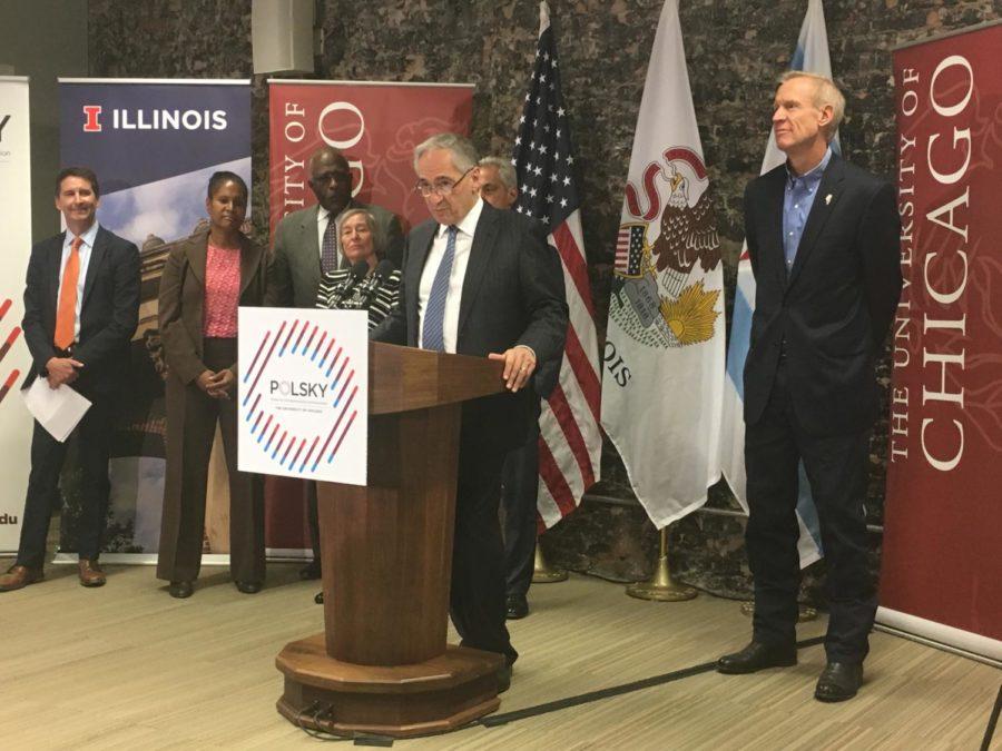 President Zimmer was joined by Mayor Rahm Emanuel and Governor Bruce Rauner at the announcement of the new collaboration at the Polsky Center.