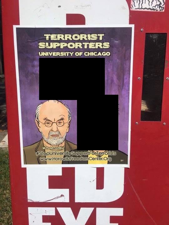 A partially redacted image of one of the posters. A list of names and the face of a faculty member are covered.