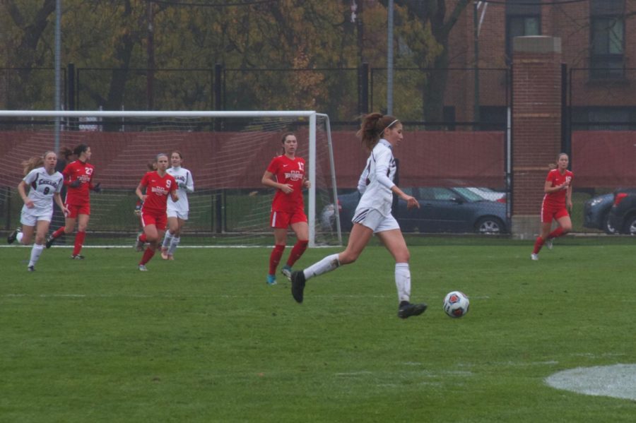 Second-year Mackenzie Peebles dribbles the ball for the Maroons.