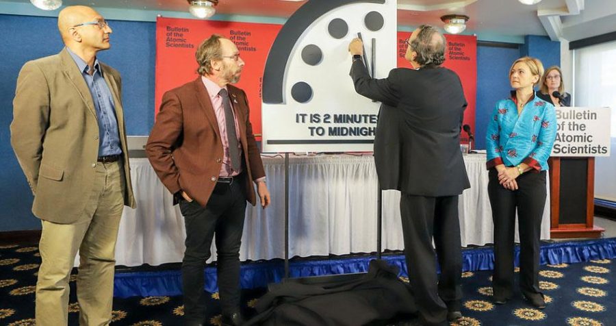 Bulletin Chair Robert Rosner reveals this years Doomsday Clock in Washington DC.