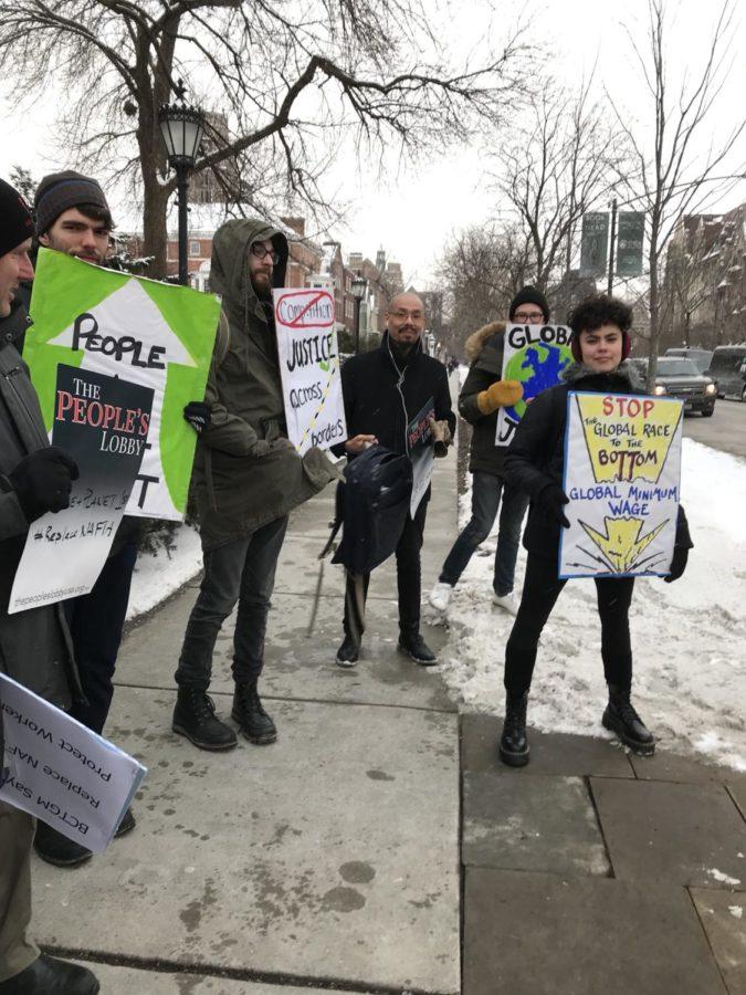 UChicago Student Action (UCSA) and the Peoples Lobby protest outside Justin Trudeaus Wednesday talk at Mandel Hall.