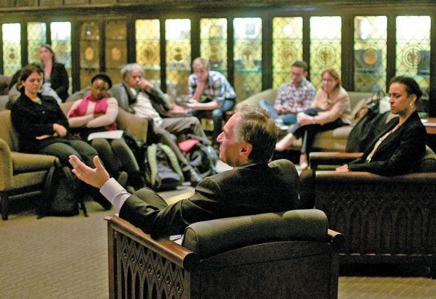 President Zimmer taking student questions at an open forum in 2011.