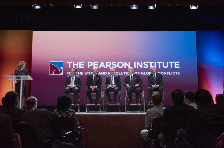 After announcing the Pearson family gift, a panel including (from left) then-Harris Dean Daniel Diermeier, Thomas L. Pearson, President Robert Zimmer, Timothy R. Pearson, and Council on Foreign Relations President Richard Haass participated in a Q&A.