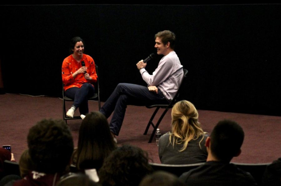 Fourth-year and former Doc Films president Hasti Soltani (left) leads a Q&A with Bo Burnham (right)