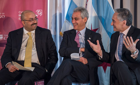 Mayor Rahm Emanuel (center) is pictured at an event with President Robert J. Zimmer (right).