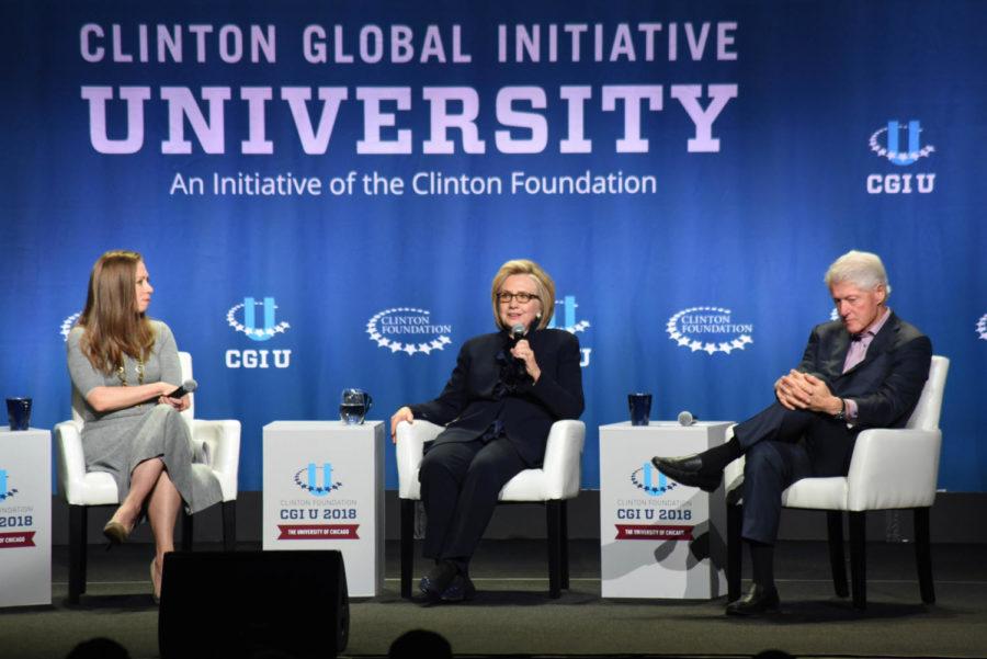 Former president Bill Clinton, former secretary of state Hillary Clinton, and Clinton Foundation Vice Chair Chelsea Clinton speak at the closing session of CGI U.