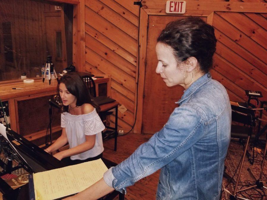 Baxter records her song, “Line in the Sand,” with Hamilton star Mandy Gonzalez.