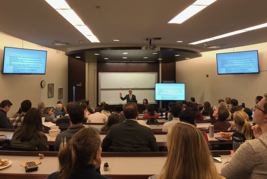 Law School lecturer Adam Mortara, lead trial counsel representing plaintiffs in Students for Fair Admissions v. Harvard, speaks at a UChicago Federalist Society talk.