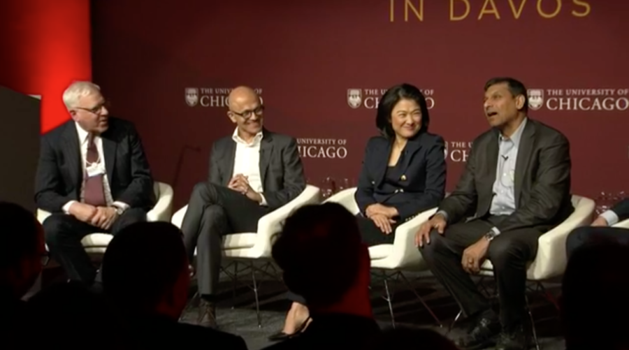 Panelists at Tuesdays forum in Davos. Left to right: trustee David Rubenstein (J.D. ’73), Microsoft CEO Satya Nadella, SOHO CEO Xin Zhang, and Booth professor Raghuram Rajan.
