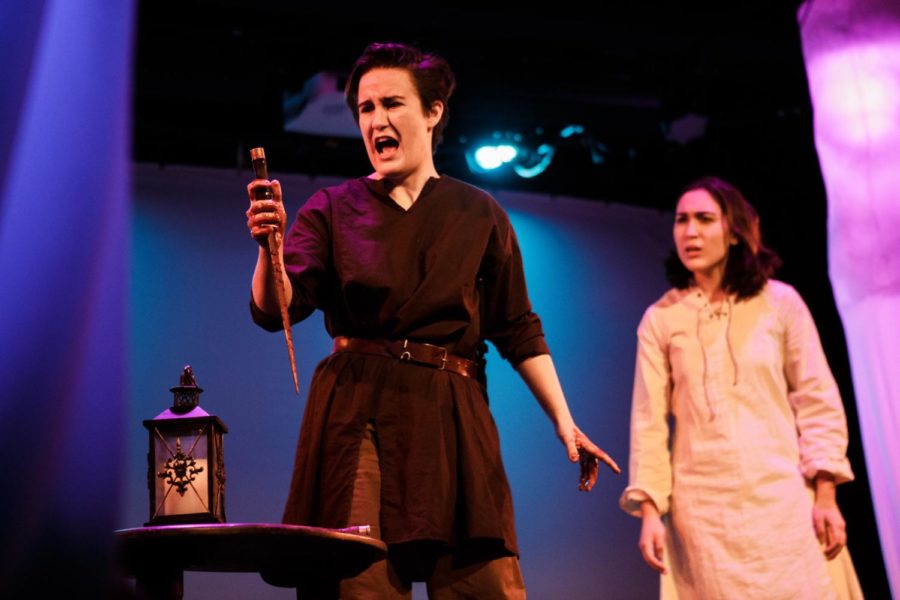 The Deans Men production is anchored by stellar performances by Sadie Seddon-Stettler as Macbeth (left) and Isabella Hurtado as Lady Macbeth (right).