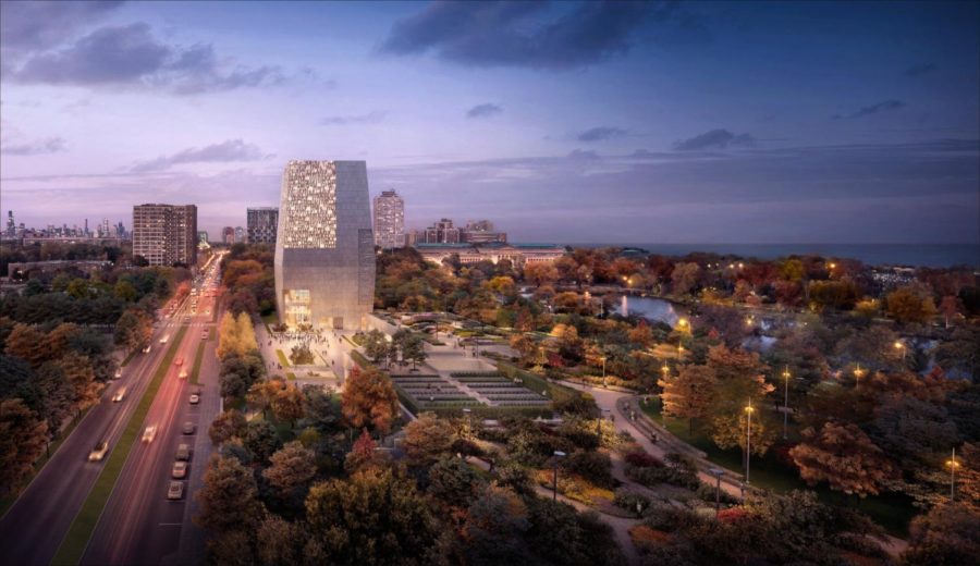 One of several renderings of the Obama Presidential Center in Jackson Park released in January 2018.