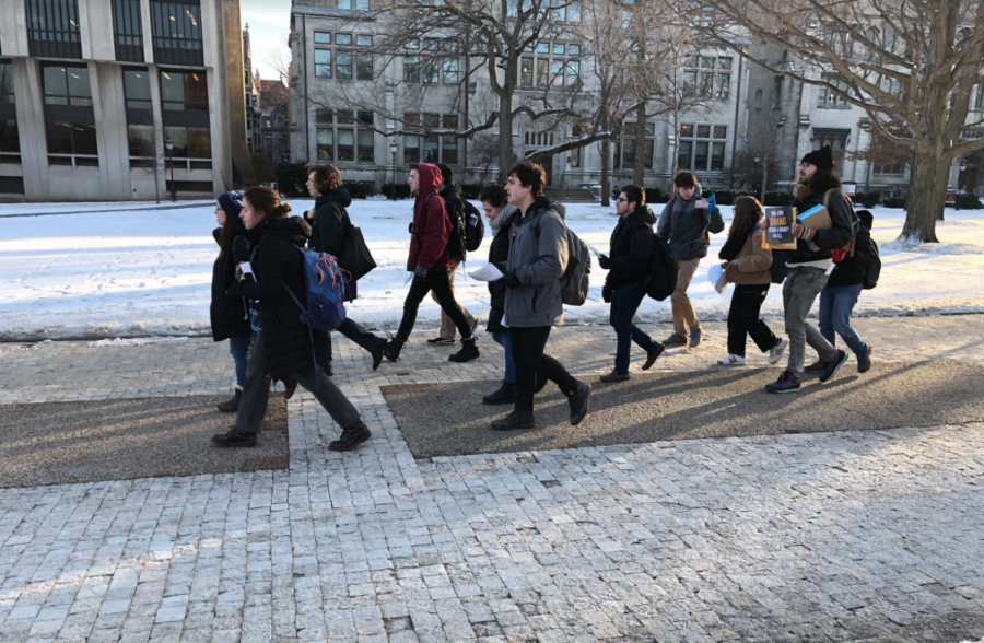 Organizers from If Not Now, a progressive Jewish organization, marched from the Quad to UChicago Hillel to demand changes to Hillels Birthright trip.