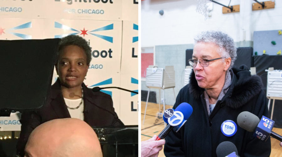 Alums+Lori+Lightfoot+%28left%29+and+Toni+Preckwinkle+%28right%29+will+head+to+a+runoff.+Lightfoot+is+pictured+at+her+party+at+EvolveHer+in+River+North%2C+and+Preckwinkle+is+pictured+after+voting+at+Beulah+Shoesmith+Elementary+School.